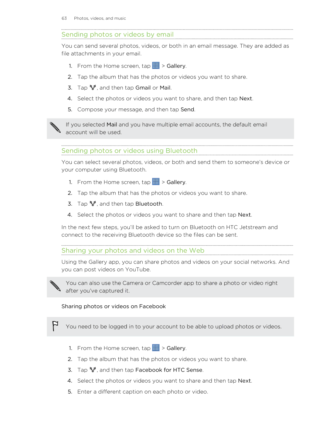 HTC Jetstream manual Sending photos or videos by email, Sending photos or videos using Bluetooth 