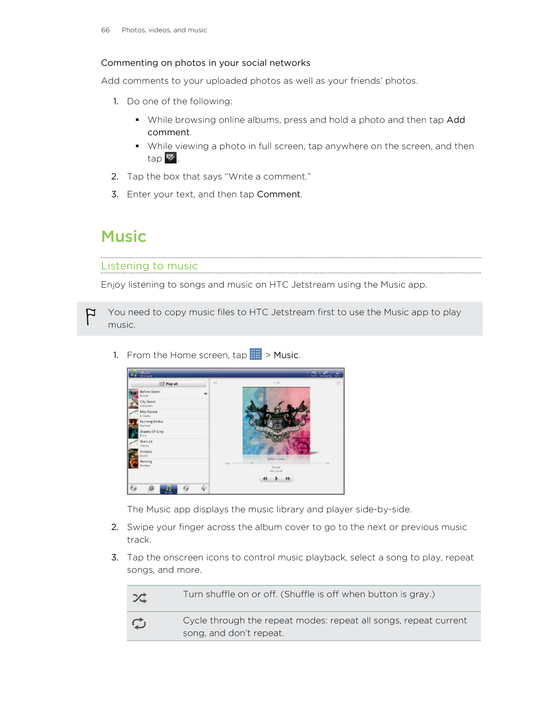 HTC Jetstream manual Music, Listening to music 