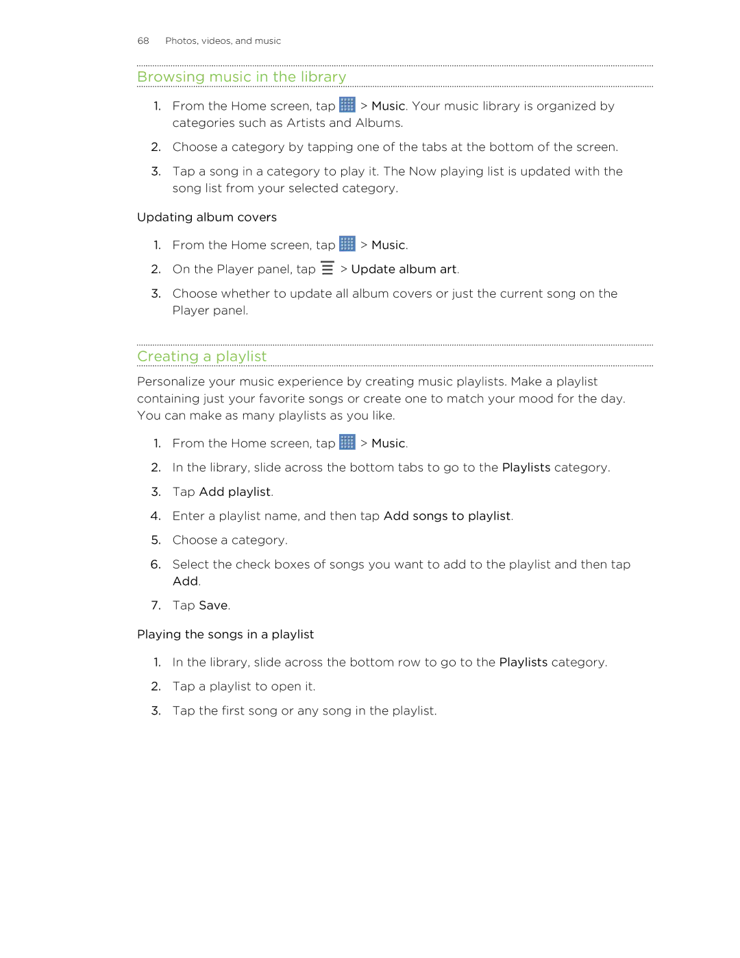 HTC Jetstream manual Browsing music in the library, Creating a playlist 