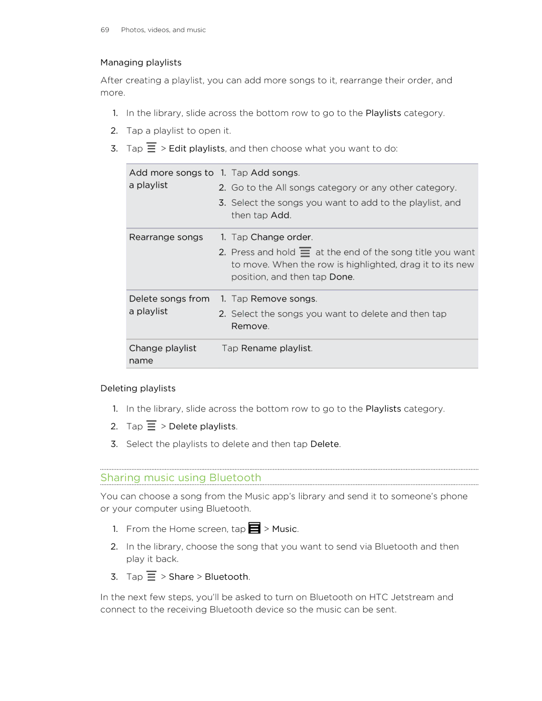 HTC Jetstream manual Sharing music using Bluetooth 