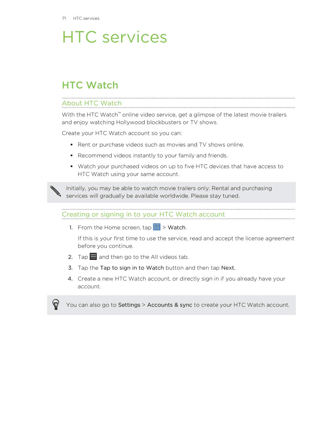 HTC Jetstream manual HTC services, About HTC Watch, Creating or signing in to your HTC Watch account 