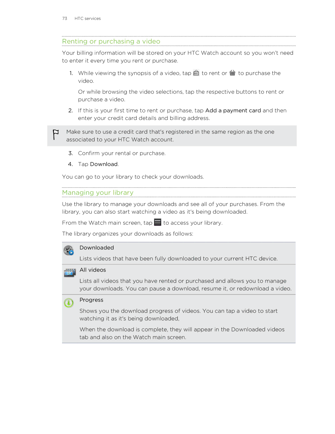 HTC Jetstream manual Renting or purchasing a video, Managing your library 