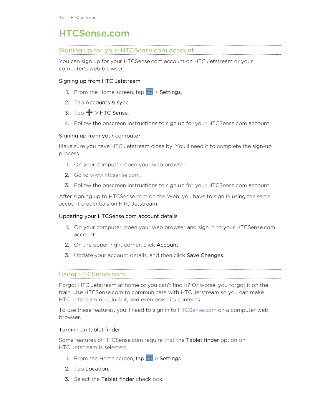 HTC Jetstream manual Using HTCSense.com 