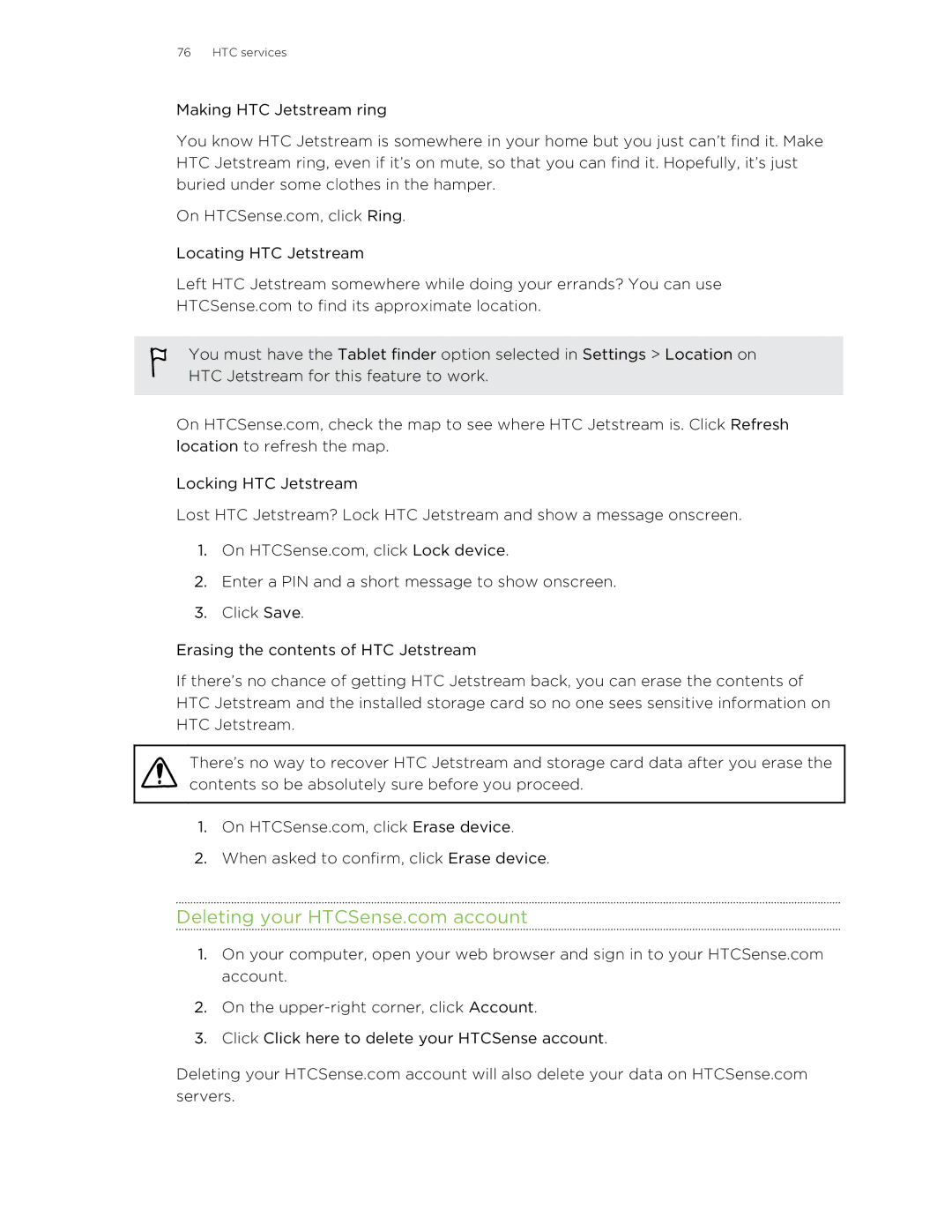 HTC Jetstream manual HTC services 