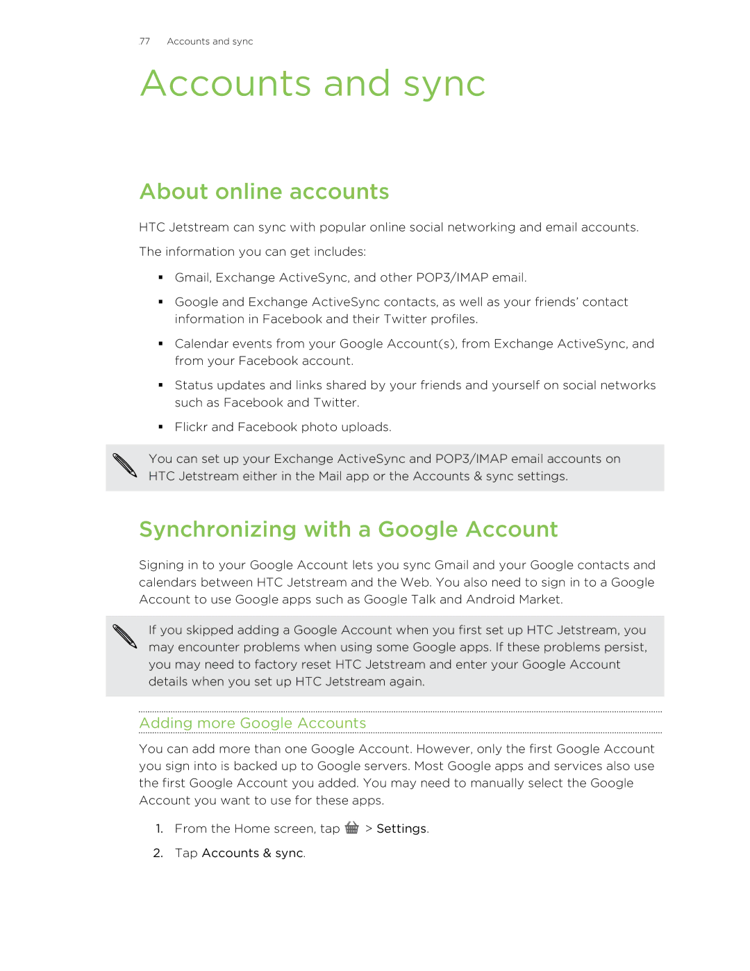HTC Jetstream Accounts and sync, About online accounts, Synchronizing with a Google Account, Adding more Google Accounts 