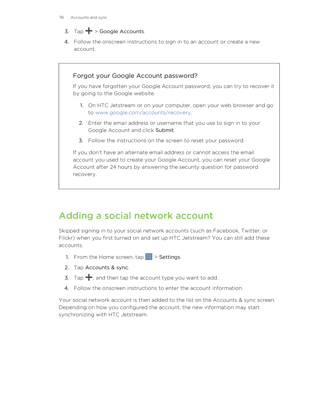 HTC Jetstream manual Adding a social network account, Forgot your Google Account password? 