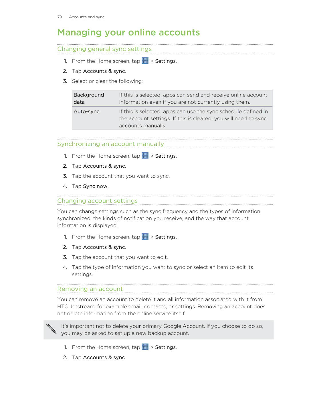 HTC Jetstream Managing your online accounts, Changing general sync settings, Synchronizing an account manually 