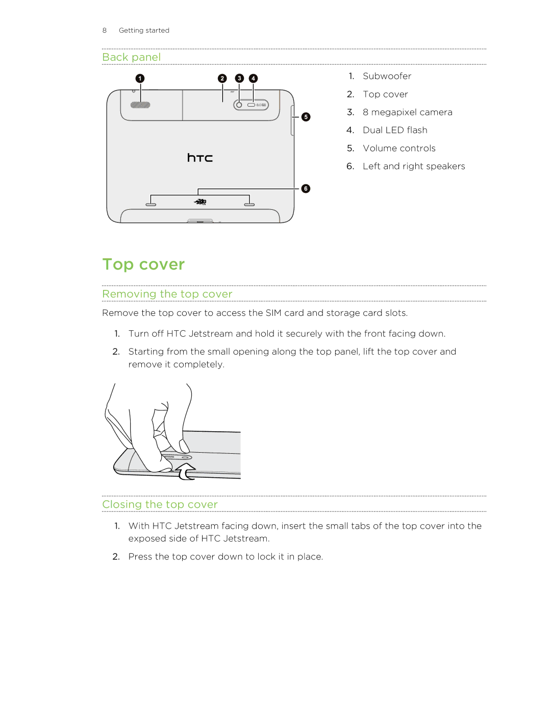 HTC Jetstream manual Top cover, Back panel, Removing the top cover, Closing the top cover 