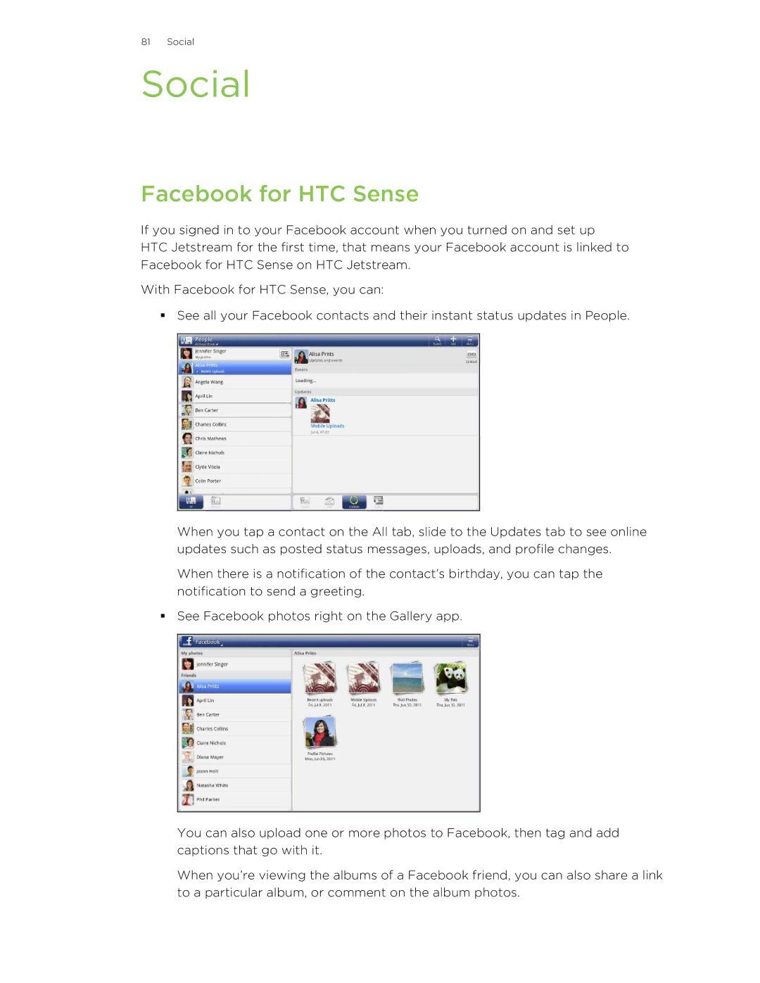 HTC Jetstream manual Social, Facebook for HTC Sense 