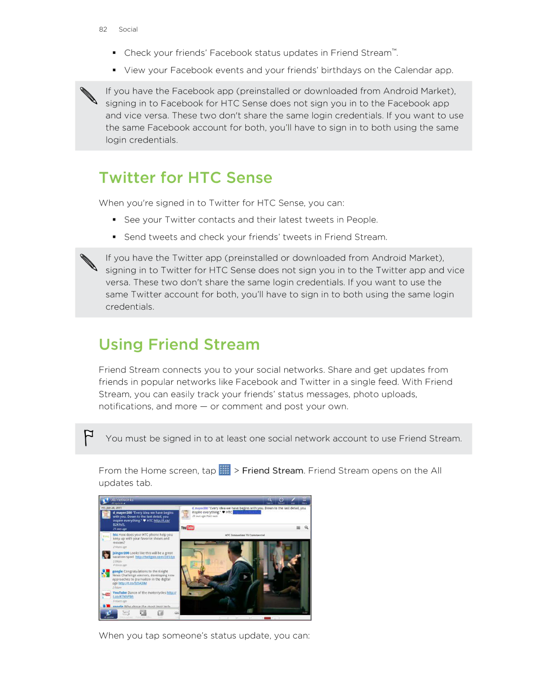 HTC Jetstream manual Twitter for HTC Sense, Using Friend Stream 