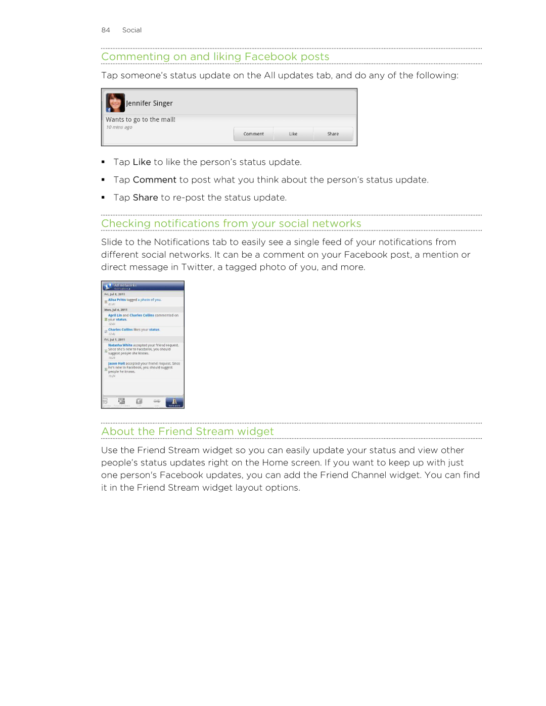 HTC Jetstream manual Commenting on and liking Facebook posts, Checking notifications from your social networks 