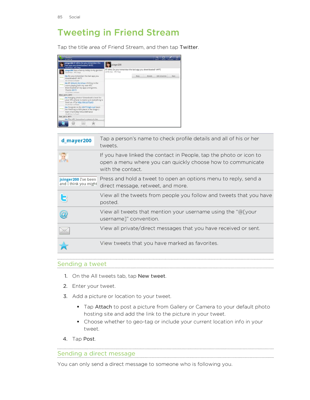 HTC Jetstream manual Tweeting in Friend Stream, Sending a tweet, Sending a direct message 