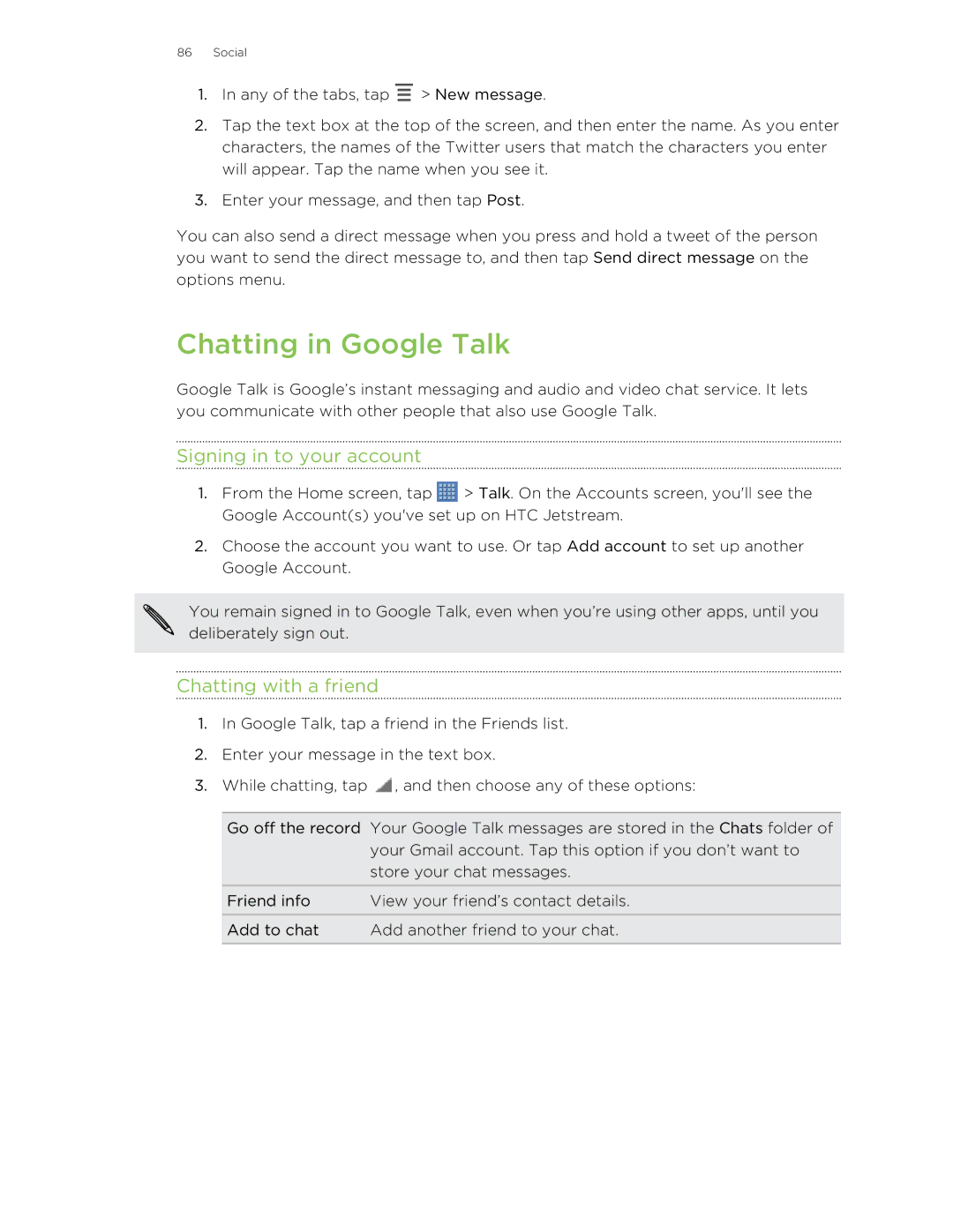 HTC Jetstream manual Chatting in Google Talk, Signing in to your account, Chatting with a friend 