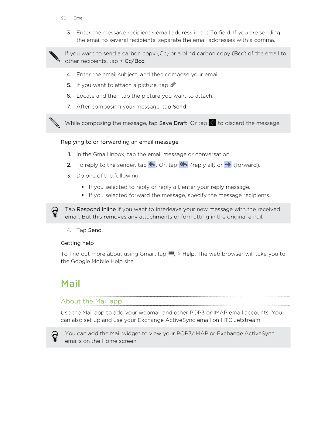 HTC Jetstream manual About the Mail app 