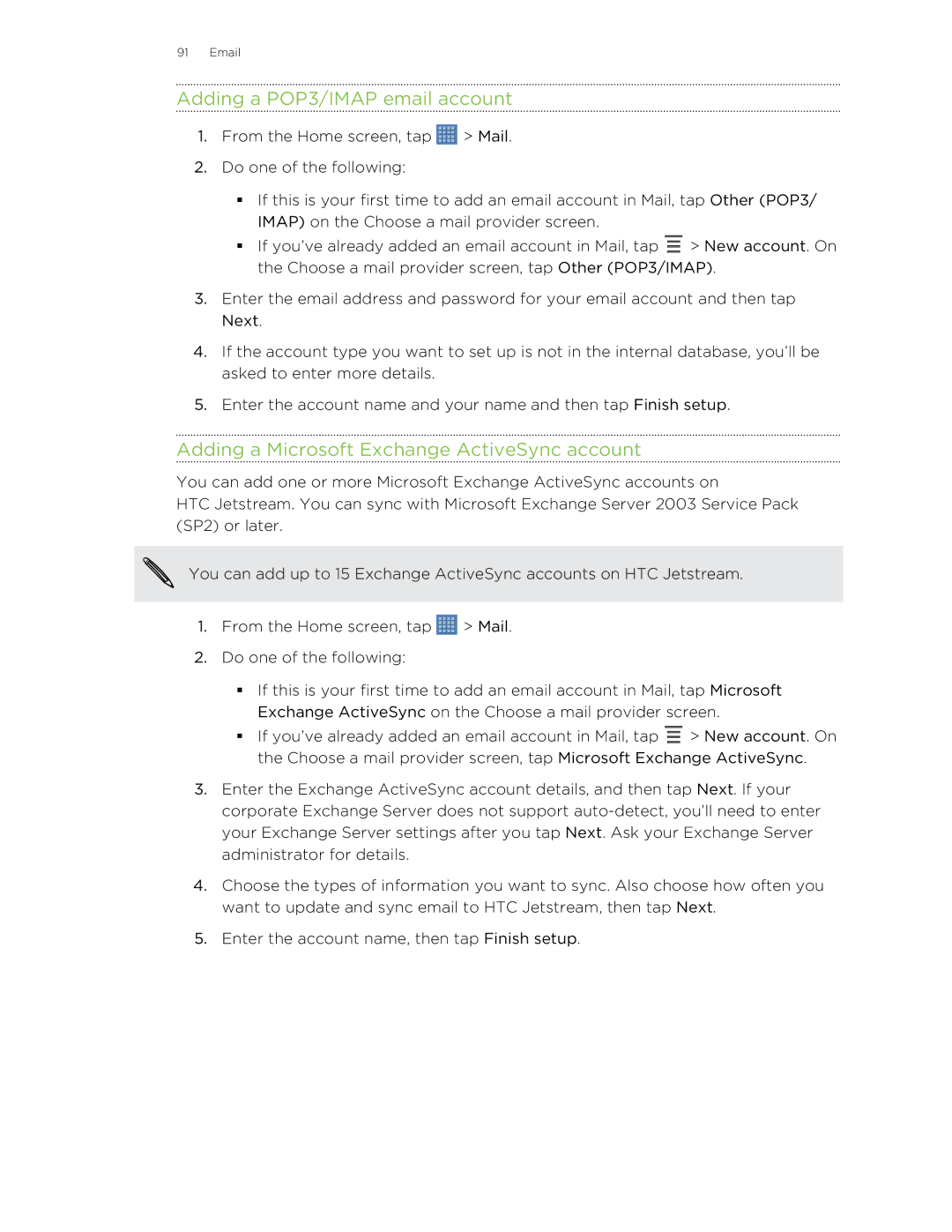 HTC Jetstream manual Adding a POP3/IMAP email account, Adding a Microsoft Exchange ActiveSync account 