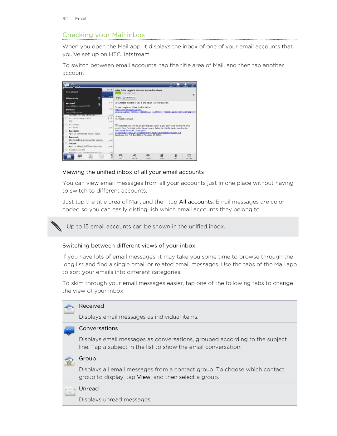 HTC Jetstream manual Checking your Mail inbox 