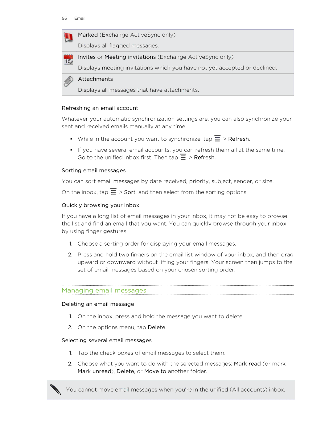 HTC Jetstream manual Managing email messages 