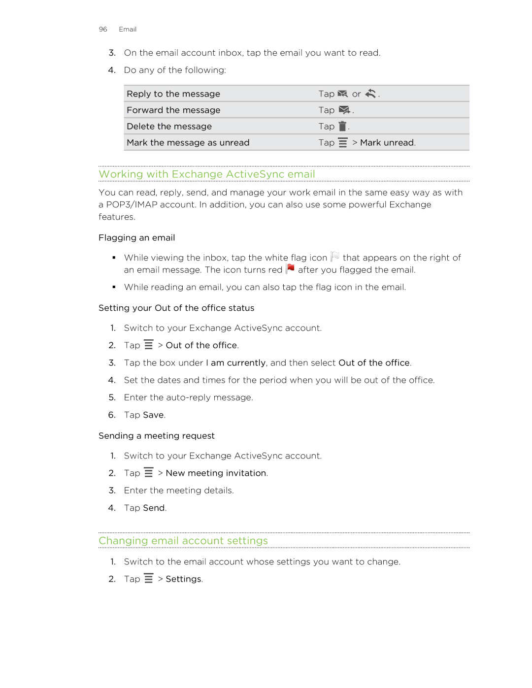 HTC Jetstream manual Working with Exchange ActiveSync email, Changing email account settings 