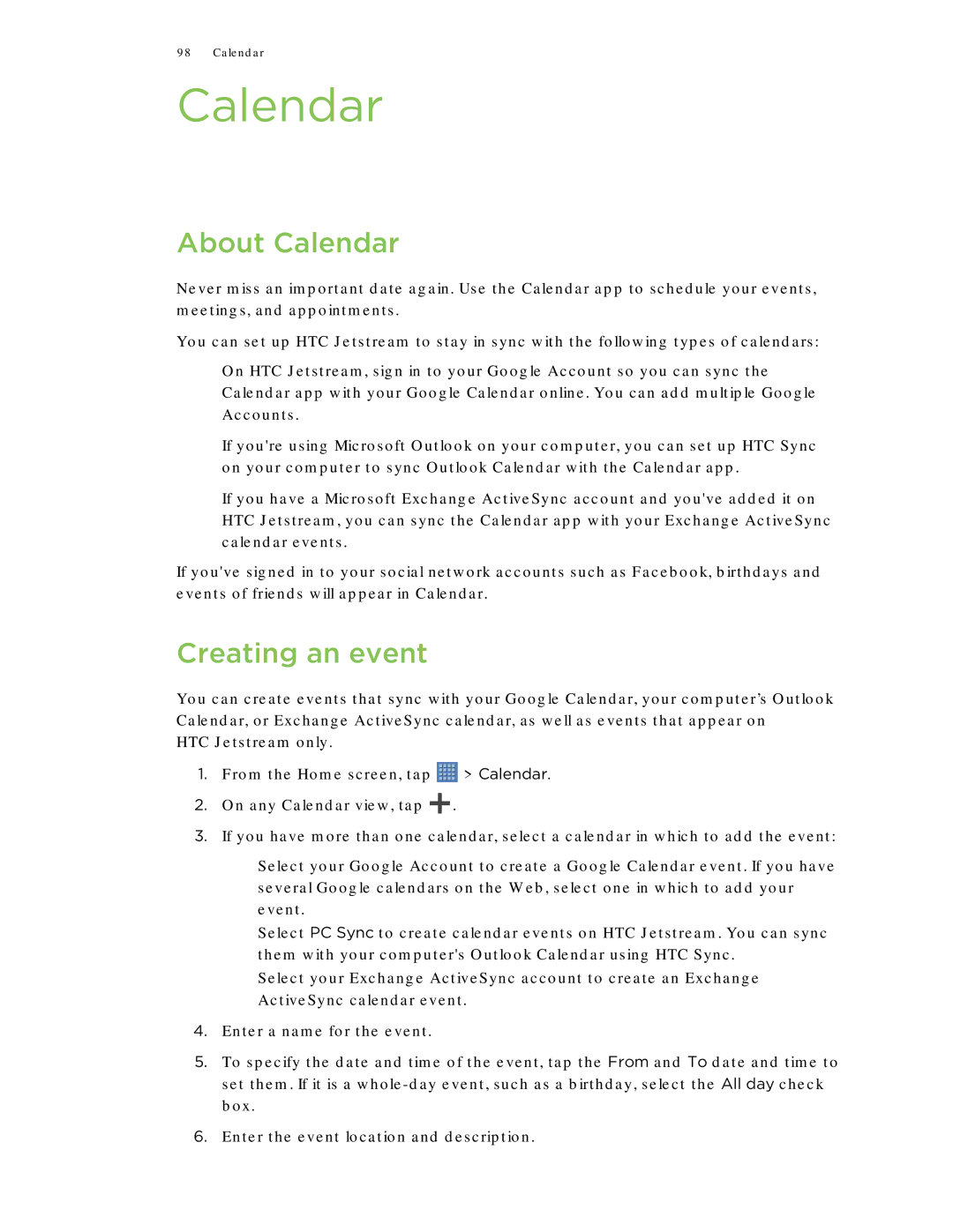 HTC Jetstream manual About Calendar, Creating an event 