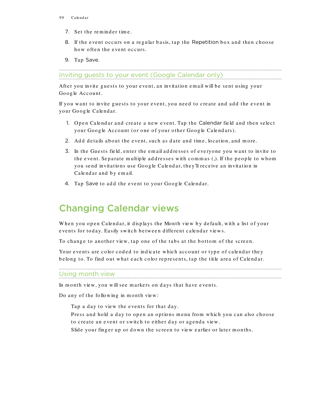 HTC Jetstream manual Changing Calendar views, Inviting guests to your event Google Calendar only, Using month view 