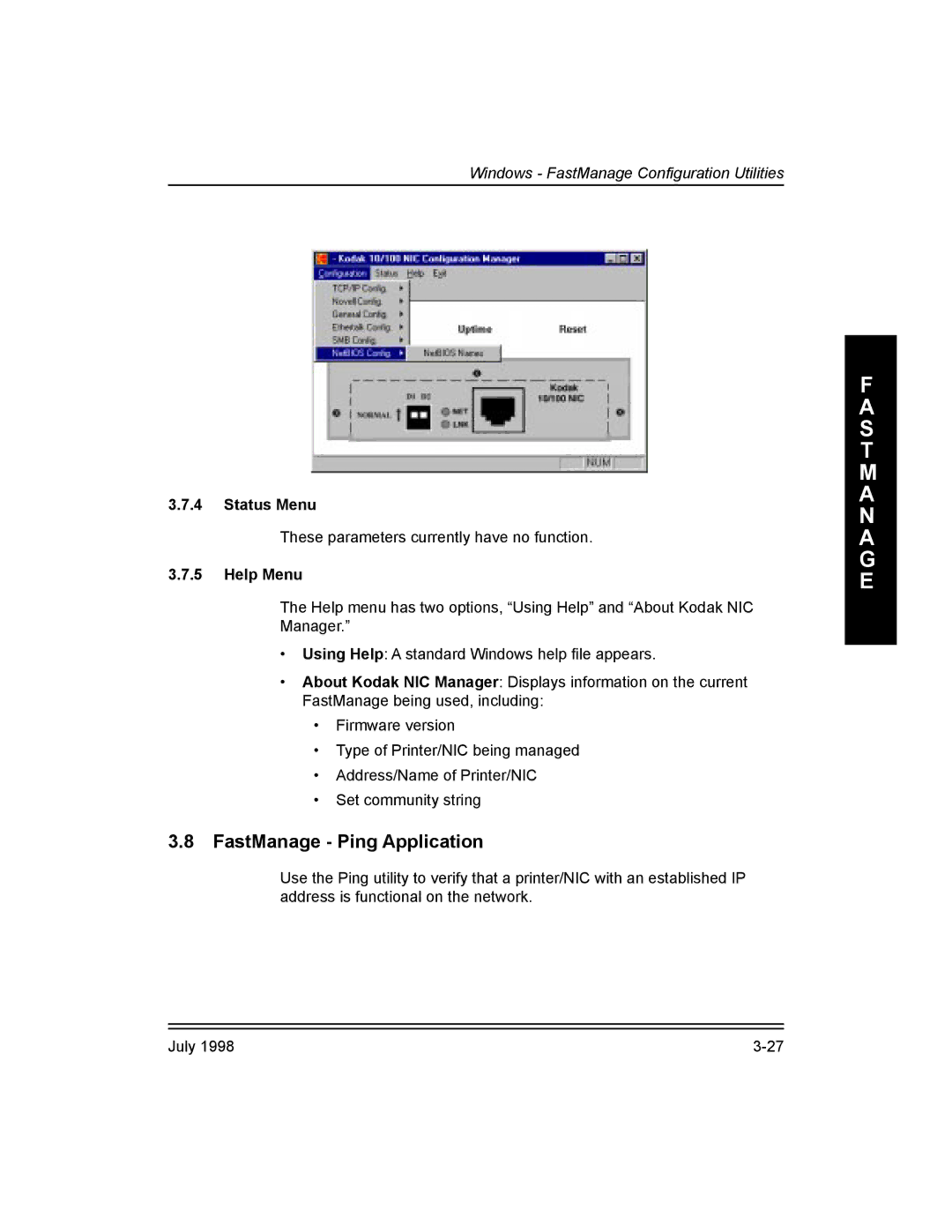 Kodak 3H0610, Kodak 10/100 Network Interface Card manual FastManage Ping Application, Status Menu, Help Menu 