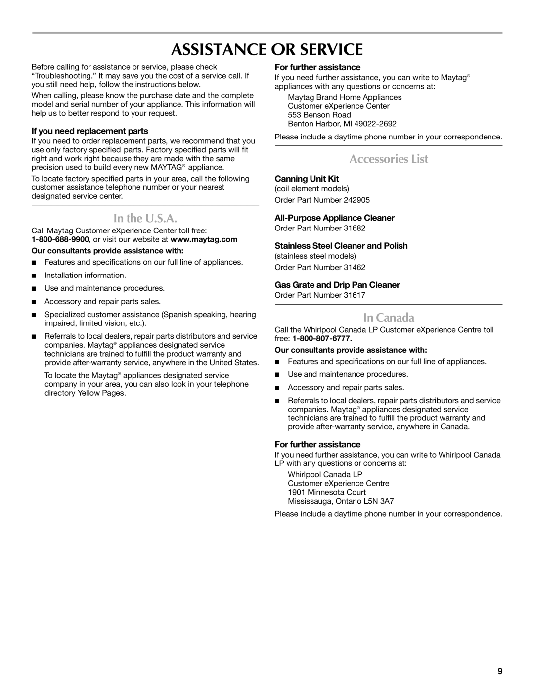 Maytag W10268391A manual Assistance or Service, Accessories List, U.S.A, Canada 