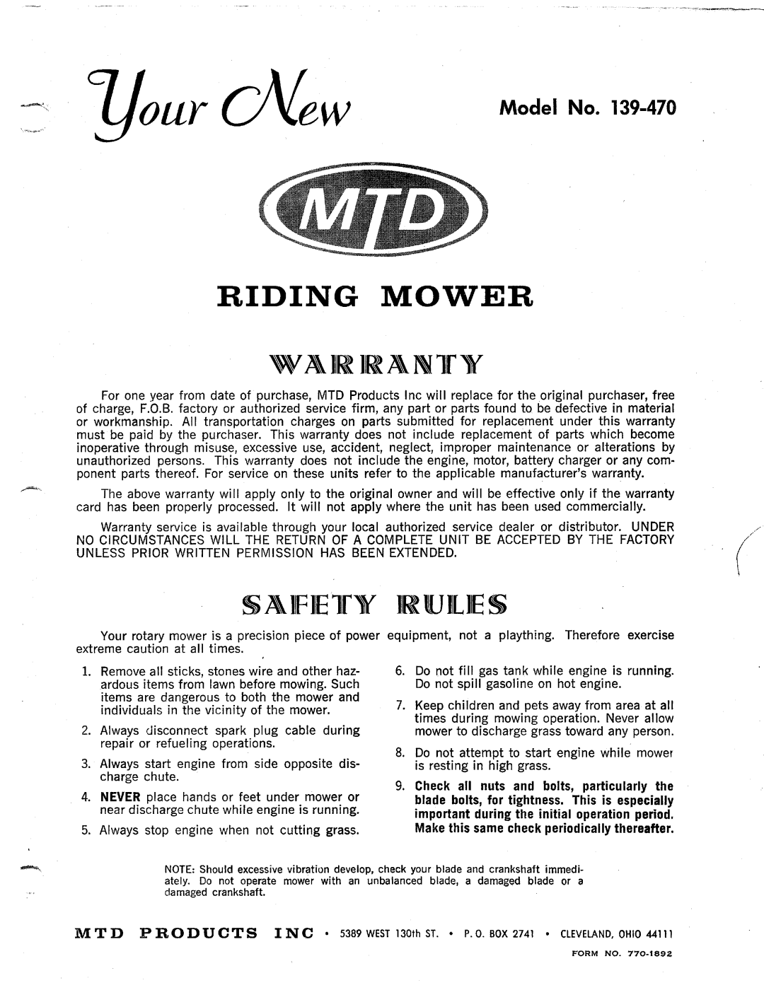 MTD 139-470 manual 