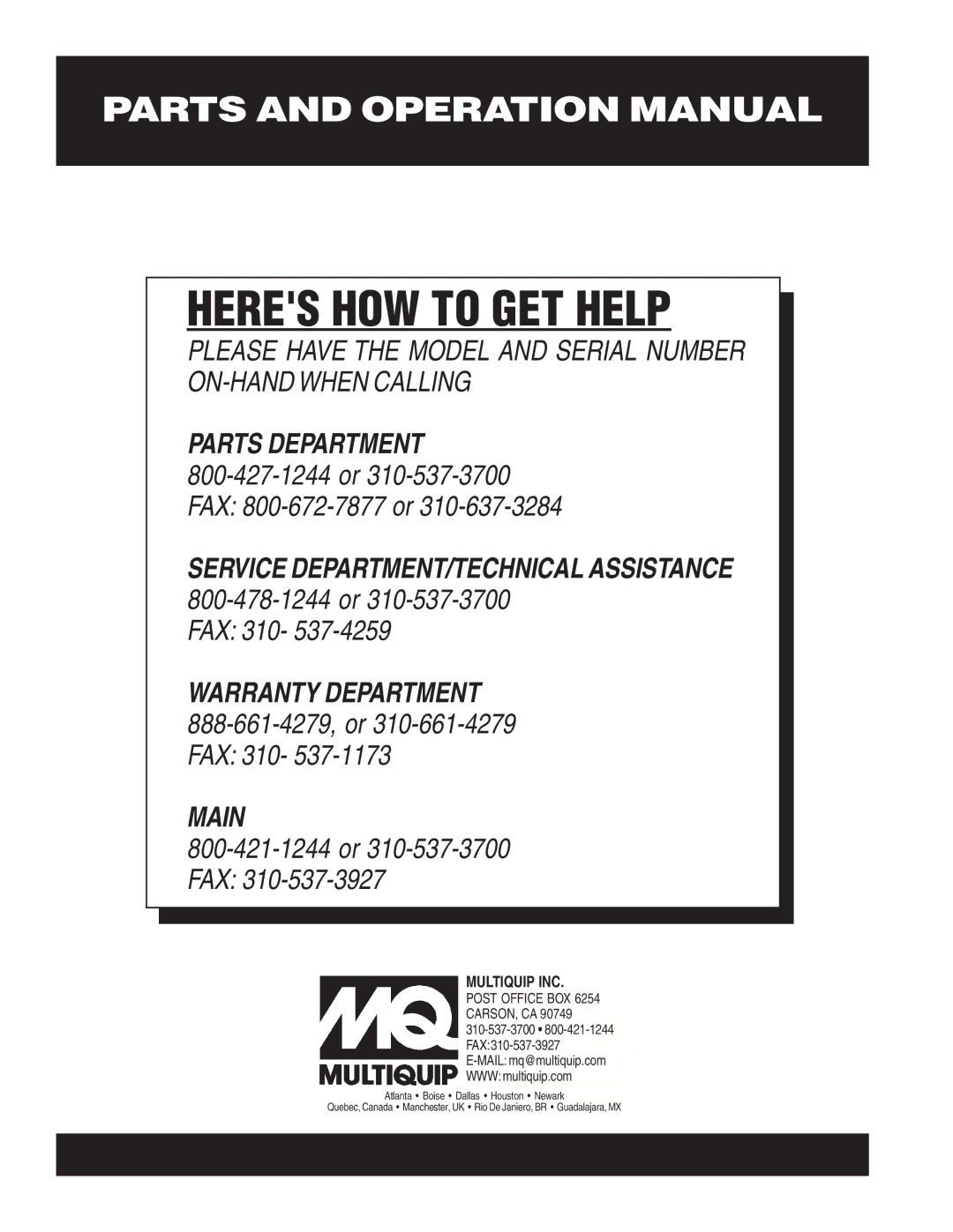 Multiquip WM-120PM operation manual Multiquip INC 