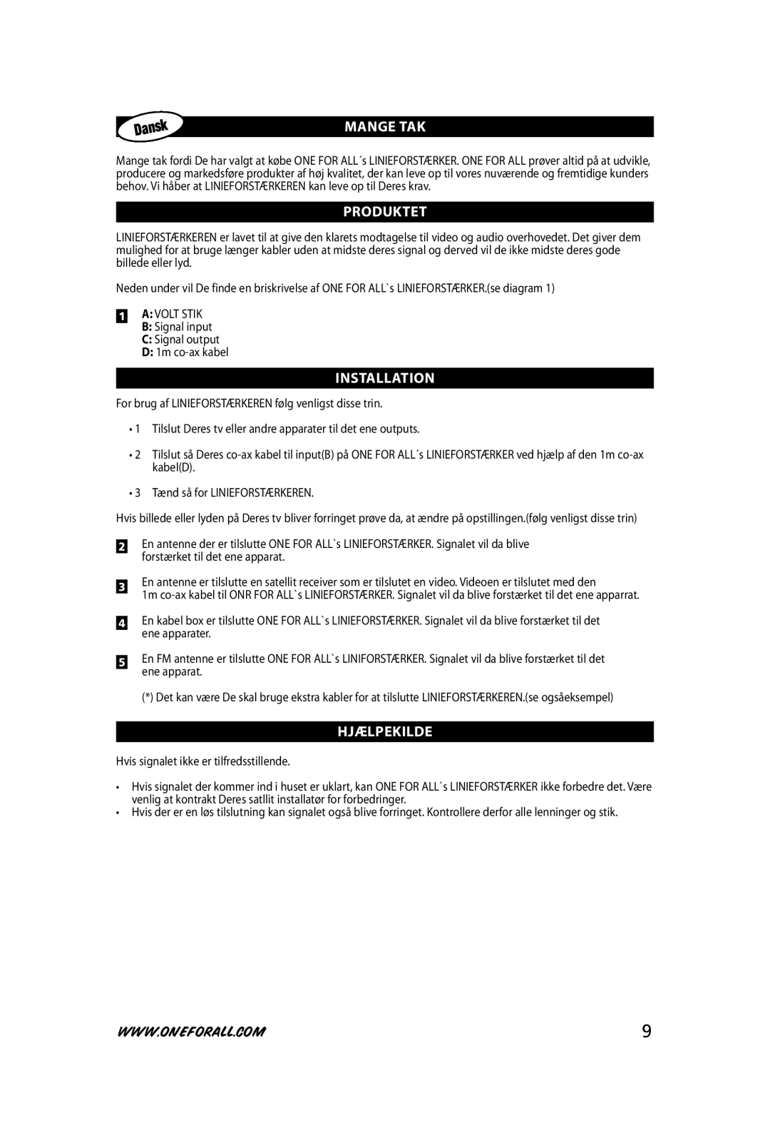 One for All SV-9510 instruction manual ManGe taK, ProDuKtet, InStallatIon, HJÆlpeKIlDe 