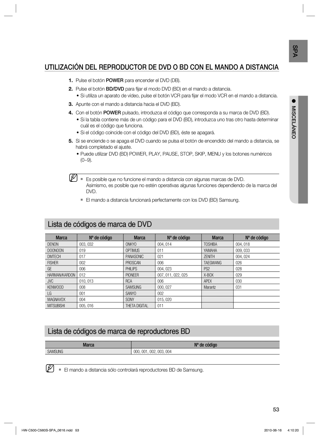 Samsung HW-C560S/XEF manual Lista de códigos de marca de DVD, Apunte con el mando a distancia hacia el DVD BD 