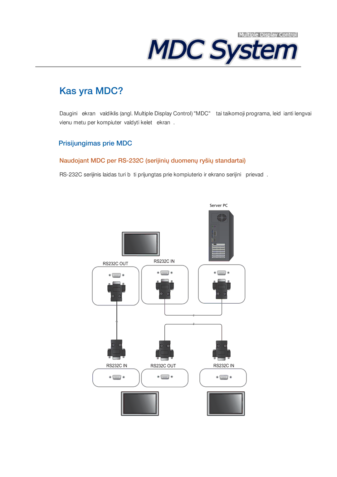 Samsung LH55CPPLBB/EN, LH46CPPLBB/EN Prisijungimas prie MDC, Naudojant MDC per RS-232C serijinių duomenų ryšių standartai 