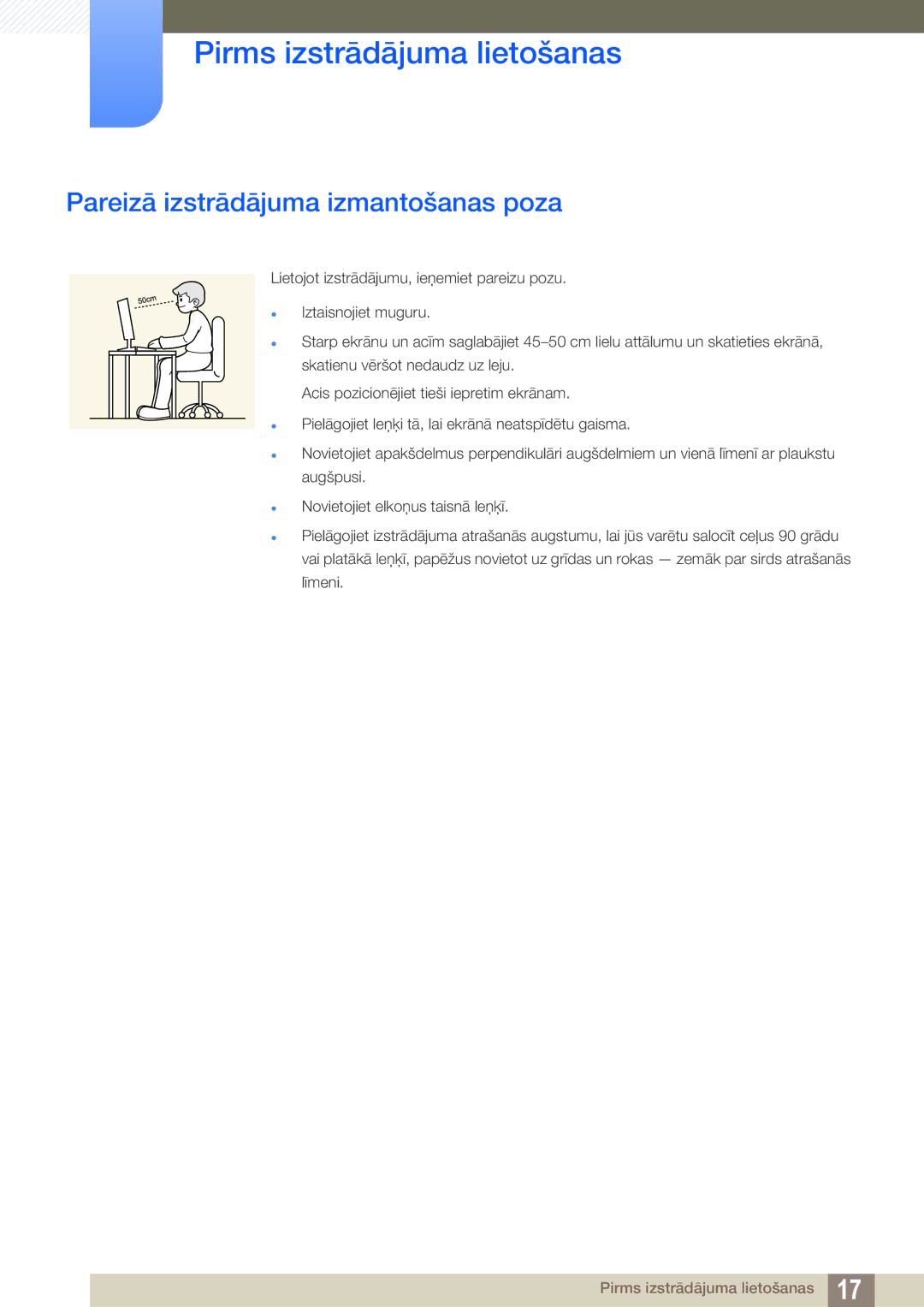 Samsung LS19C20KNY/EN, LS19C20KNS/EN, LS22C20KNY/EN, LS19C20KNW/EN, LS24C20KBL/EN manual Pareizā izstrādājuma izmantošanas poza 