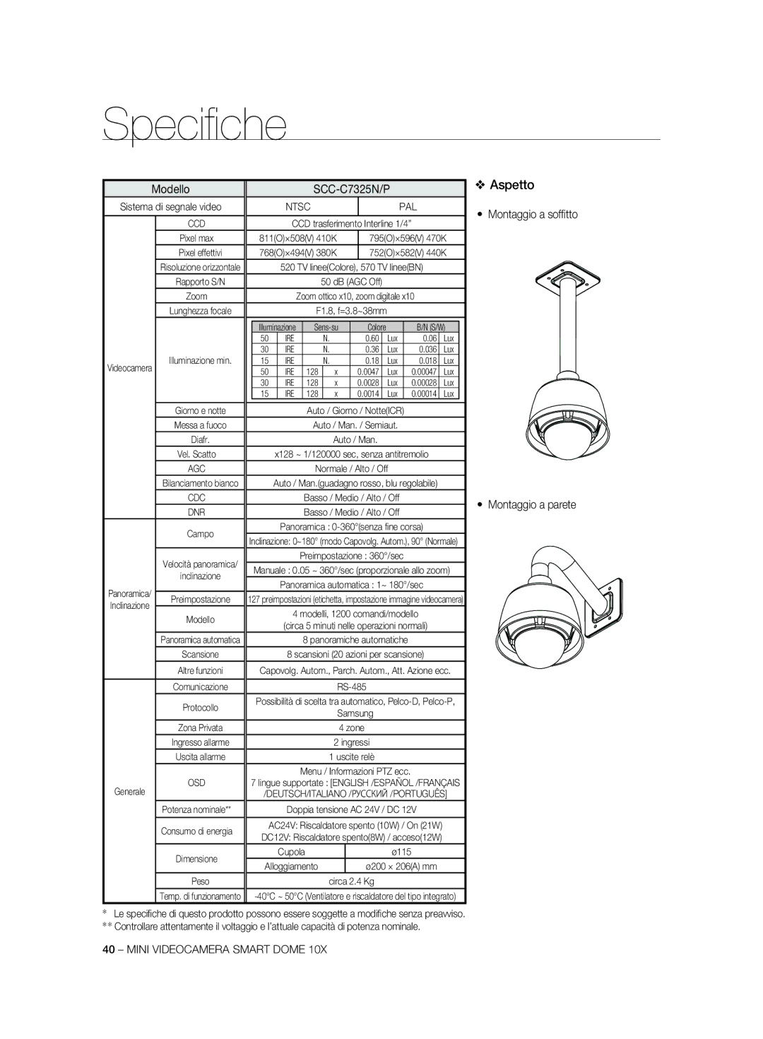 Samsung SCC-C6325P, SCC-C7325P, SCC-C6323P, SCC-C6323N manual SCC-C7325N/P, Montaggio a sofﬁ tto Montaggio a parete 