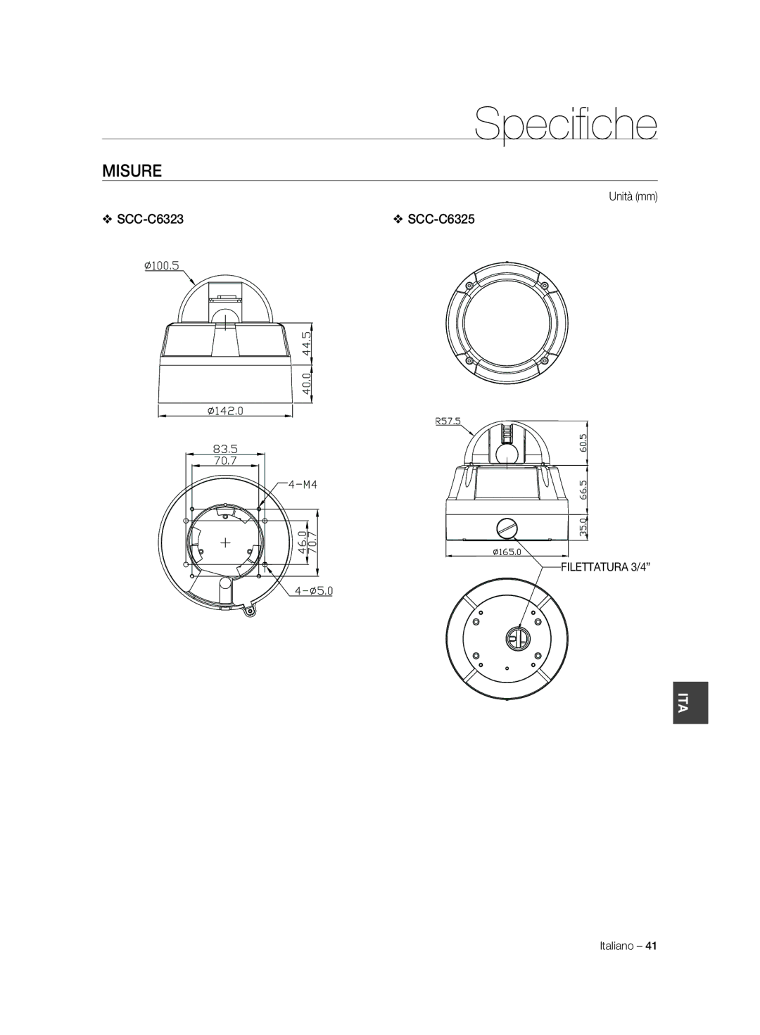 Samsung SCC-C6323N, SCC-C7325P, SCC-C6323P, SCC-C6325P, SCC-C7325N manual Misure, Unità mm, Filettatura 3/4 