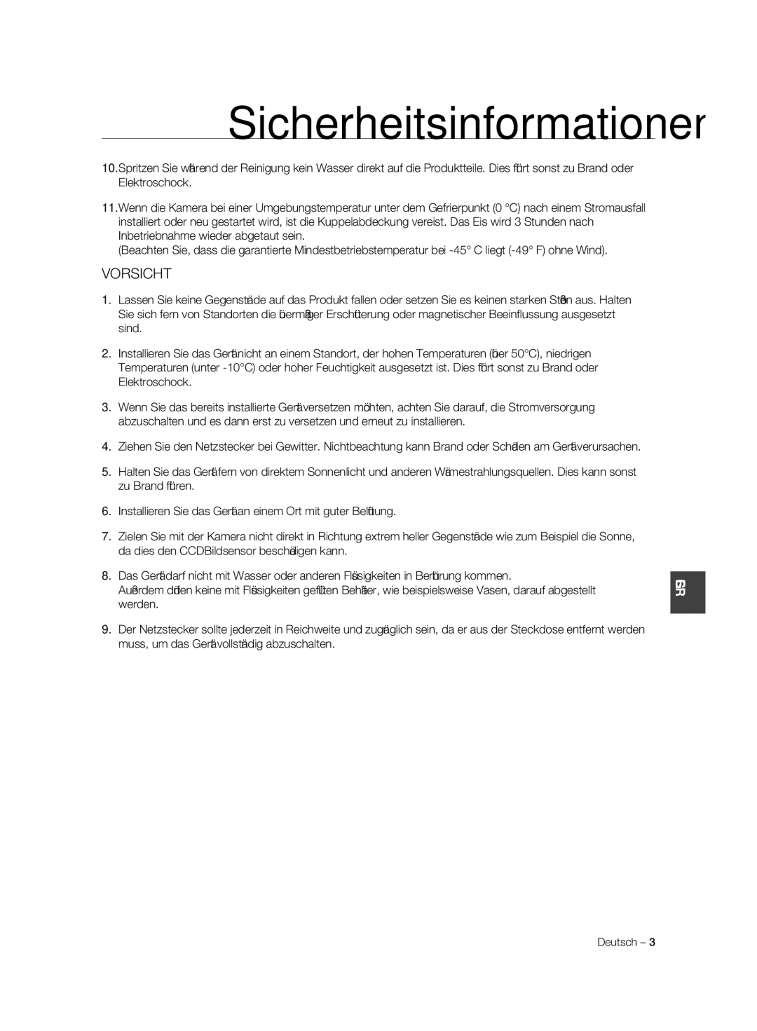 Samsung SCC-C7325N, SCC-C7325P, SCC-C6323P, SCC-C6325P, SCC-C6323N manual Sicherheitsinformationen, Vorsicht 