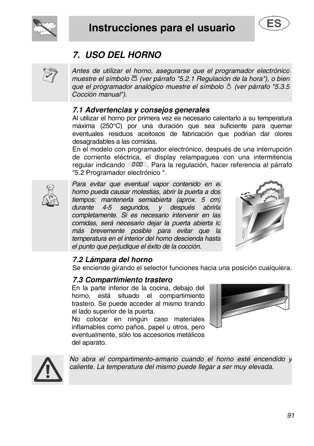 Smeg A1.1K instruction manual USO DEL Horno, Advertencias y consejos generales, Lámpara del horno, Compartimiento trastero 