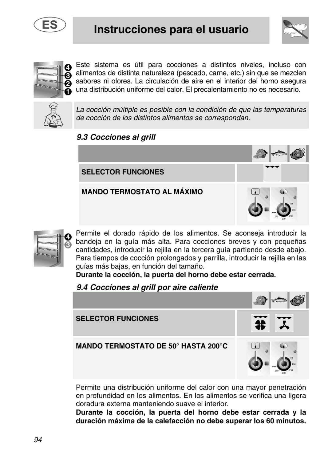 Smeg A1.1K Cocciones al grill por aire caliente, Durante la cocción, la puerta del horno debe estar cerrada 
