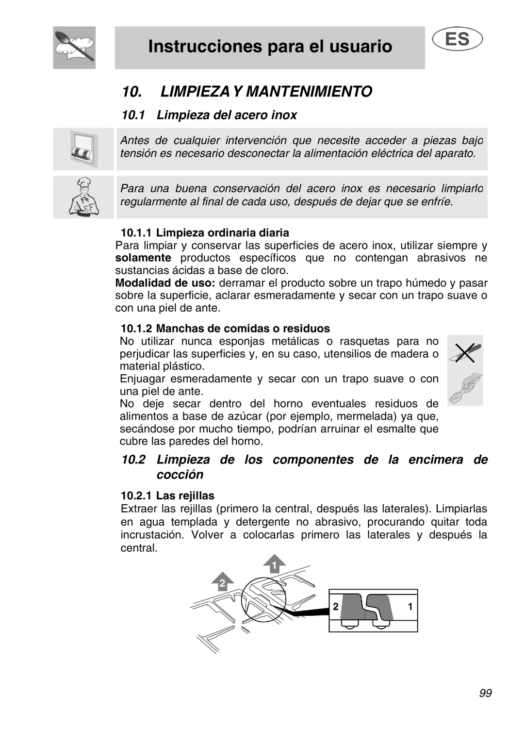 Smeg A1.1K Limpieza Y Mantenimiento, Limpieza del acero inox, Limpieza de los componentes de la encimera de cocción 