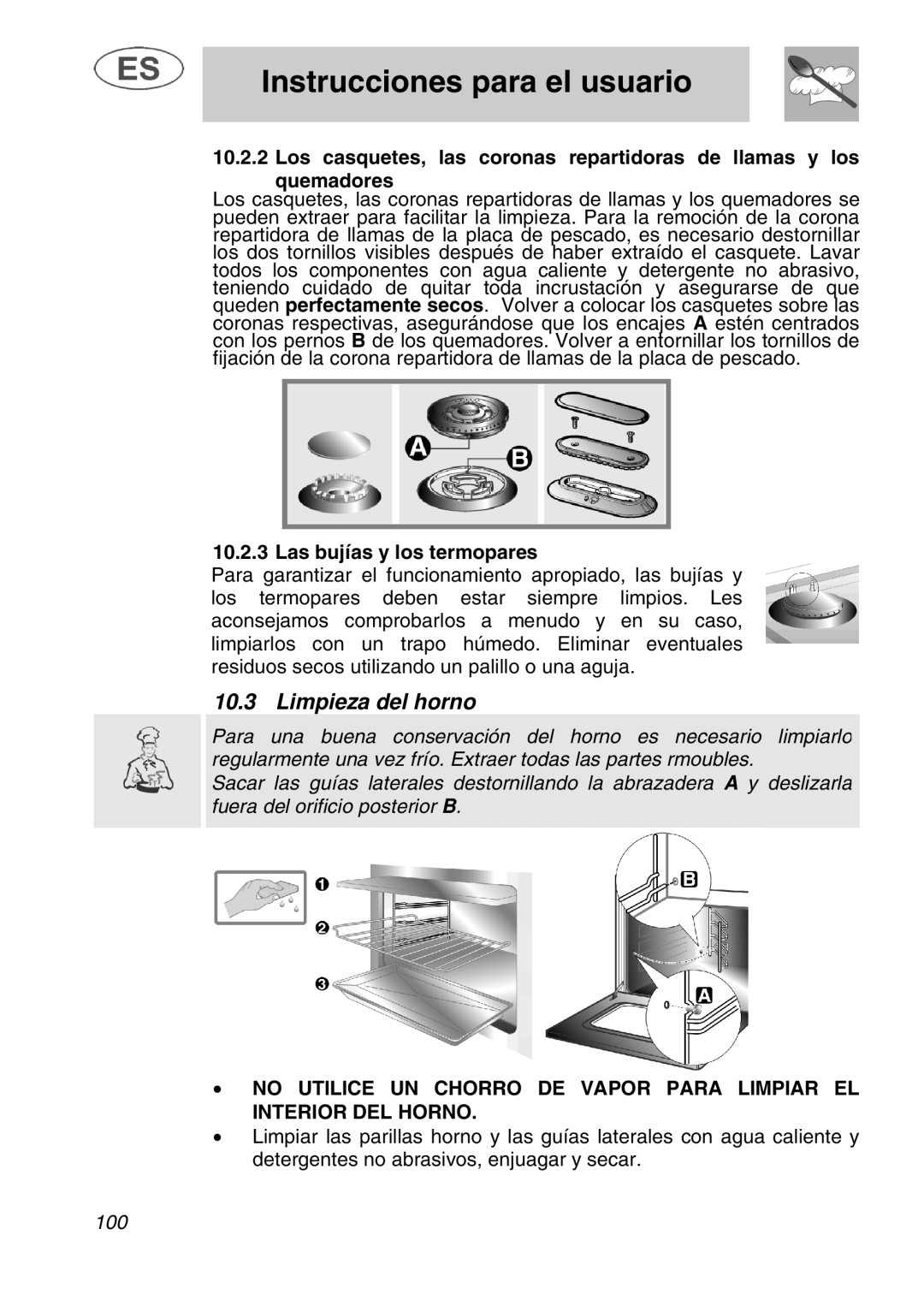 Smeg A1.1K instruction manual Limpieza del horno, Las bujías y los termopares 