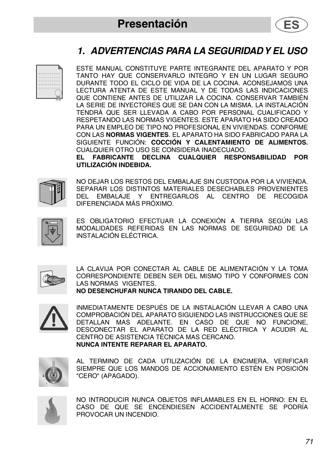 Smeg A1.1K instruction manual Presentación, Advertencias Para LA Seguridad Y EL USO 