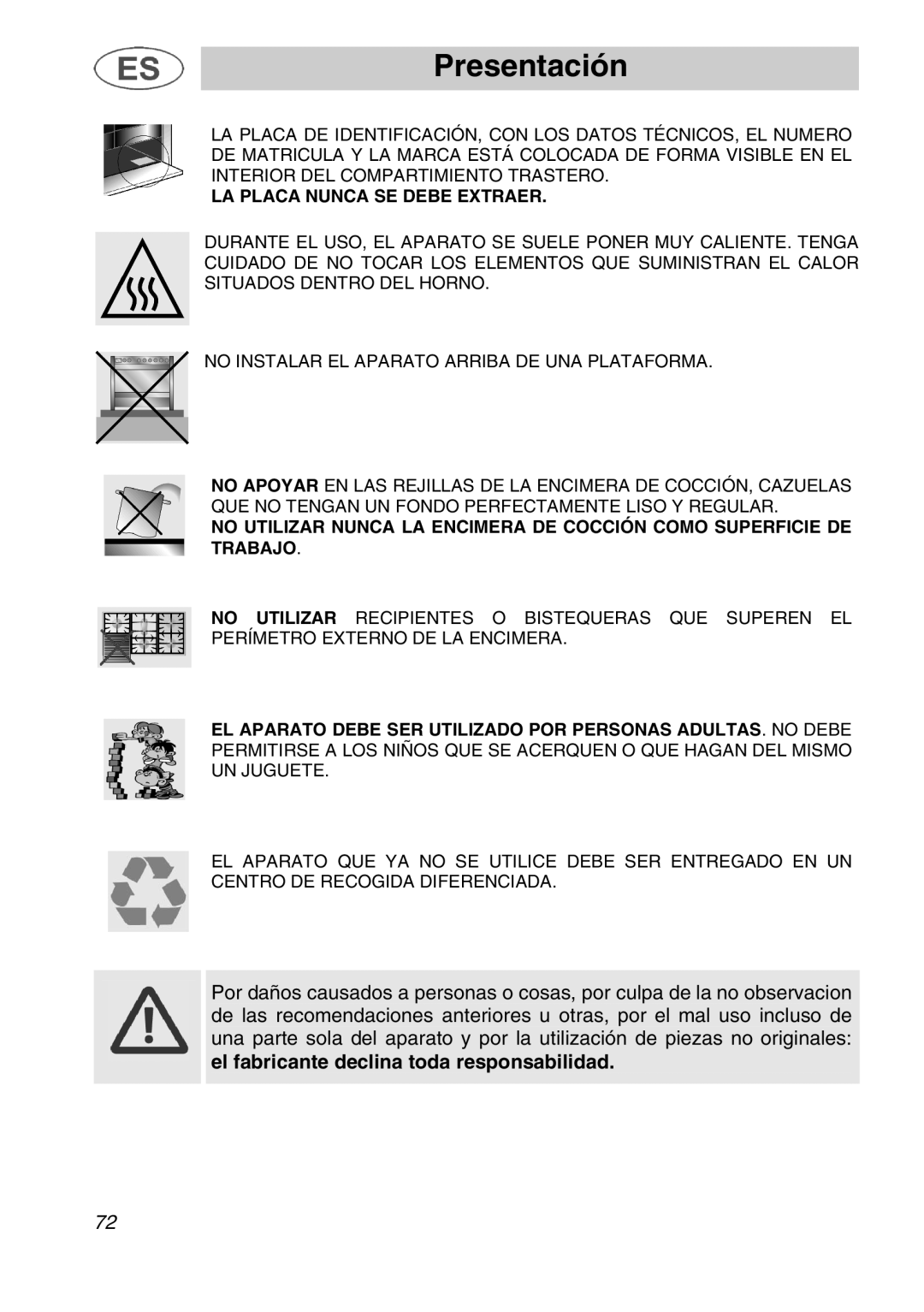 Smeg A1.1K instruction manual El fabricante declina toda responsabilidad, LA Placa Nunca SE Debe Extraer 