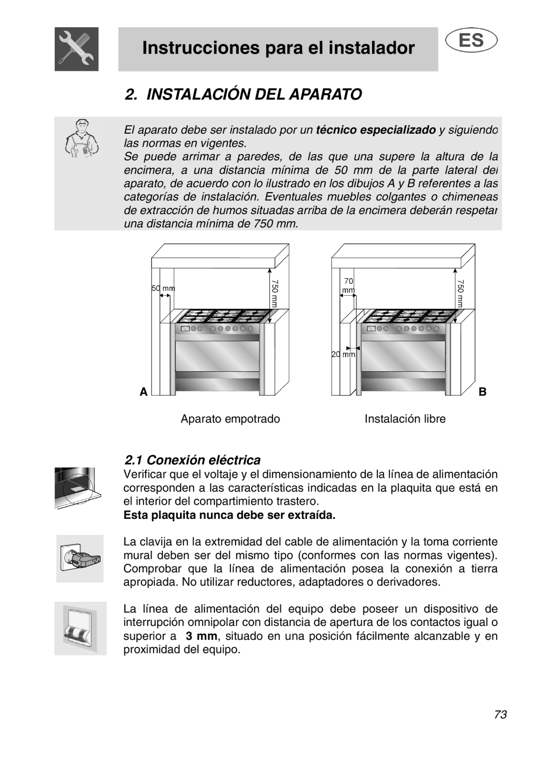 Smeg A1.1K instruction manual Instalación DEL Aparato, Conexión eléctrica, Esta plaquita nunca debe ser extraída 