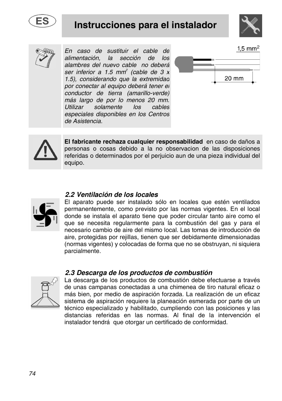 Smeg A1.1K instruction manual Ventilación de los locales, Descarga de los productos de combustión 