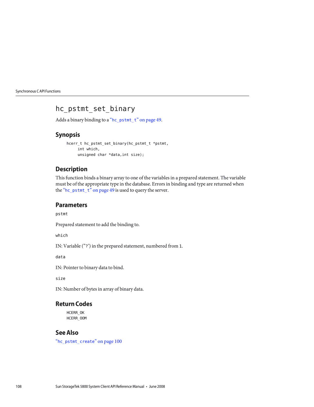 Sun Microsystems 5800 manual Hcpstmtsetbinary 