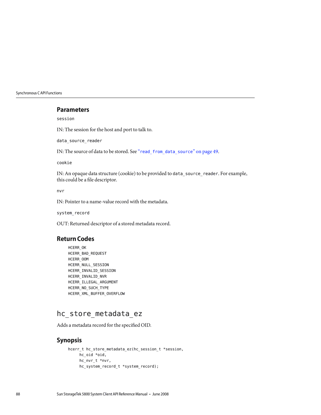 Sun Microsystems 5800 manual Hcstoremetadataez 