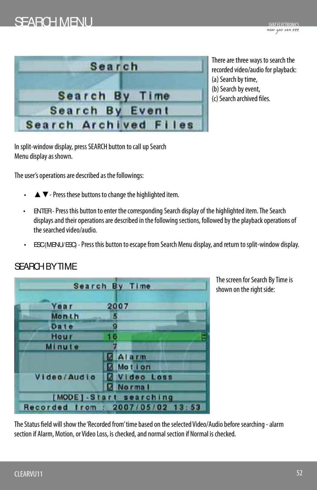 SVAT Electronics CLEARVU11 instruction manual Search Menu, Search by Time 
