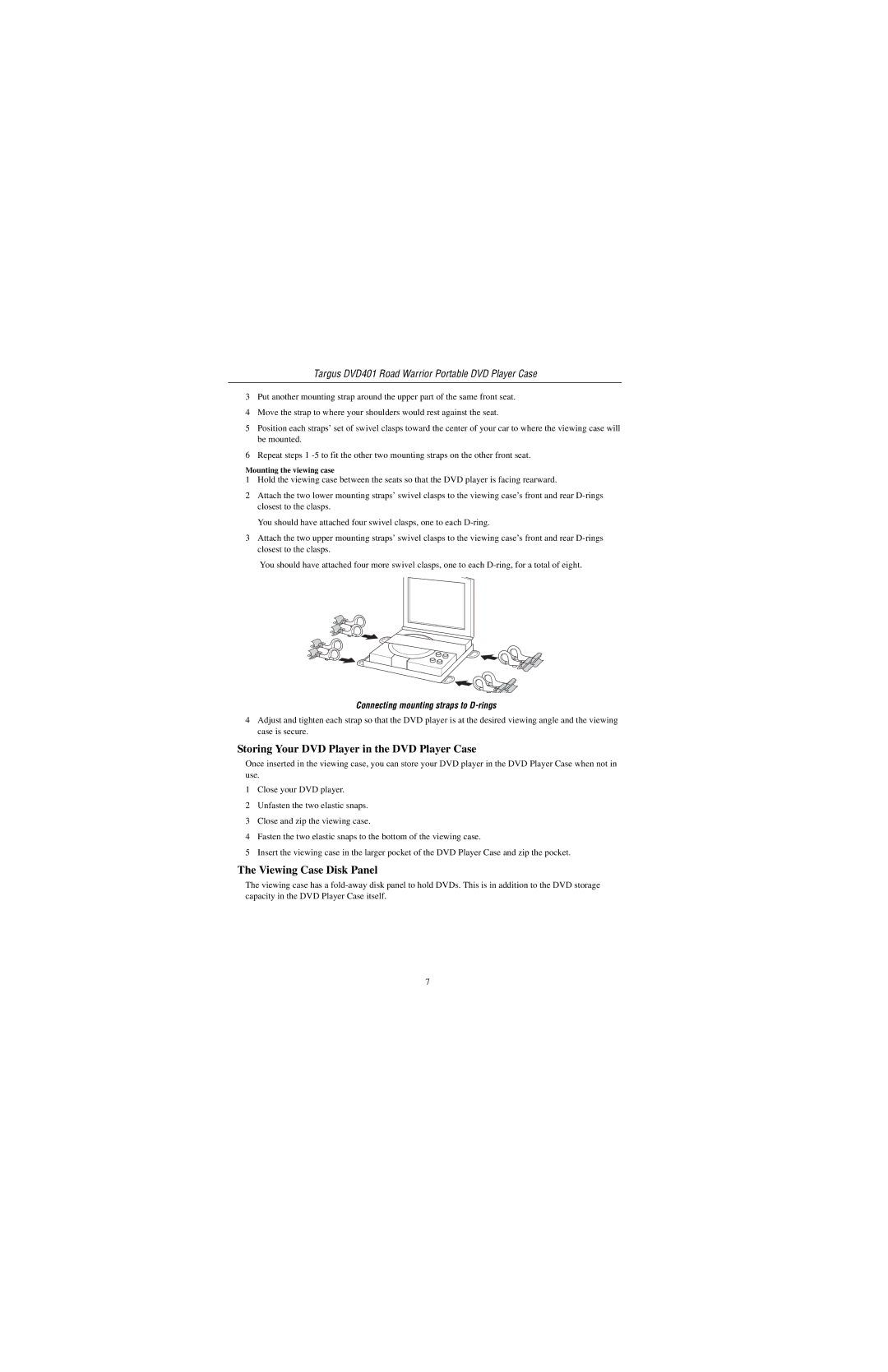 Targus DVD401 specifications Storing Your DVD Player in the DVD Player Case, Viewing Case Disk Panel 