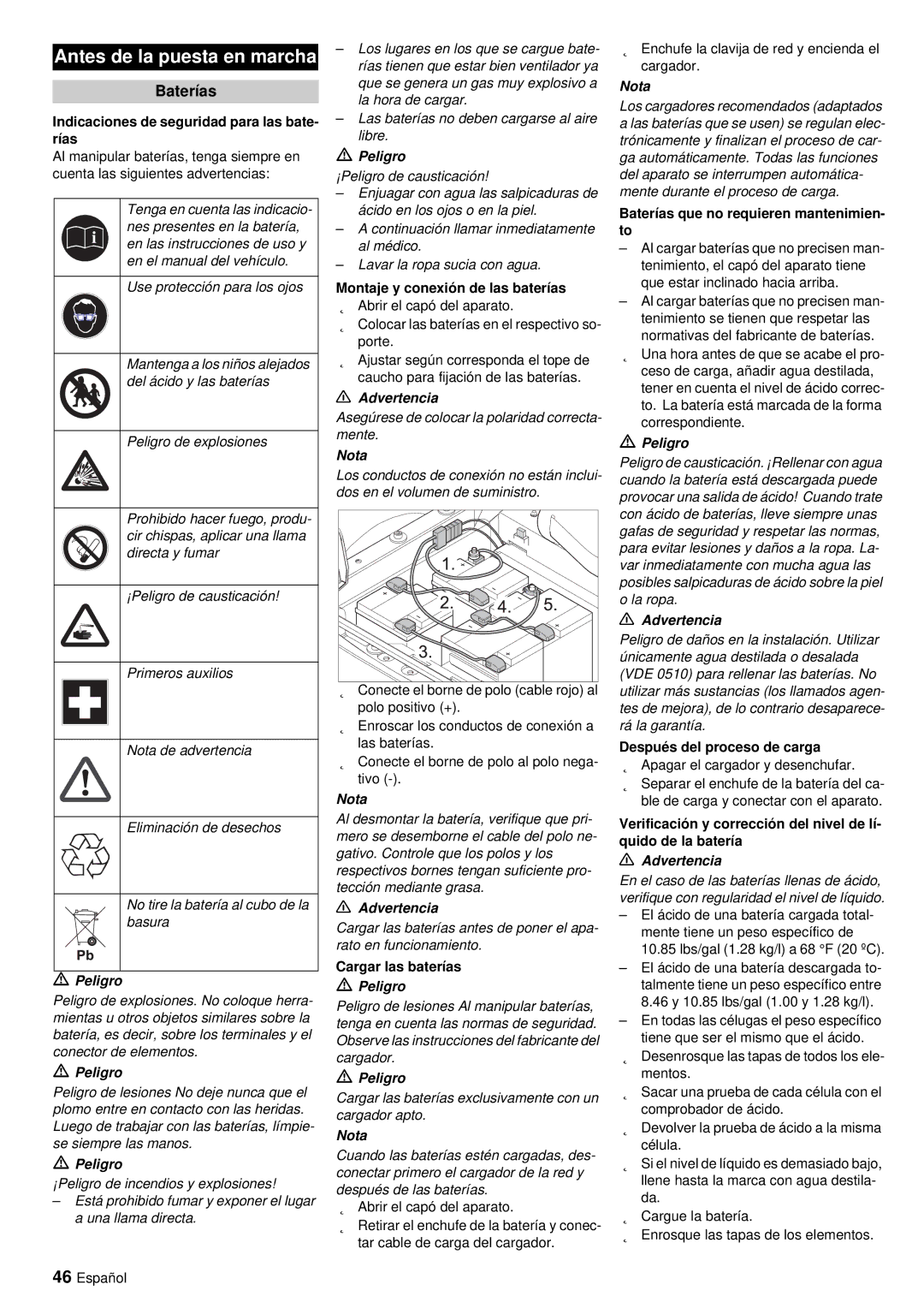 Windsor RRB 360 manual Antes de la puesta en marcha, Baterías 
