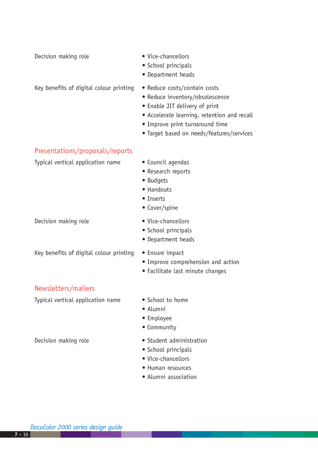 Xerox 2000 manual Presentations/proposals/reports, Newsletters/mailers 