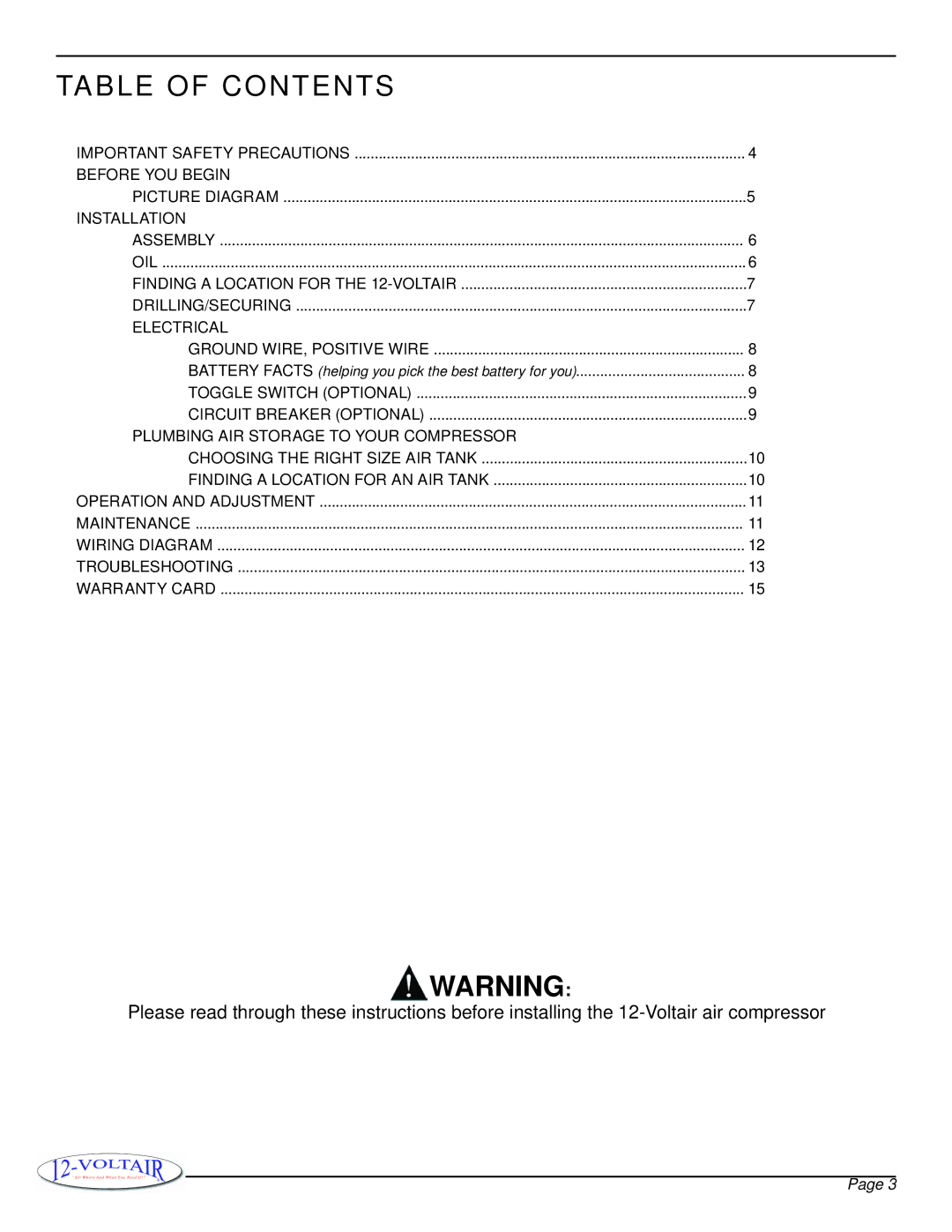 12Volt 12V6CF owner manual Table of Contents 